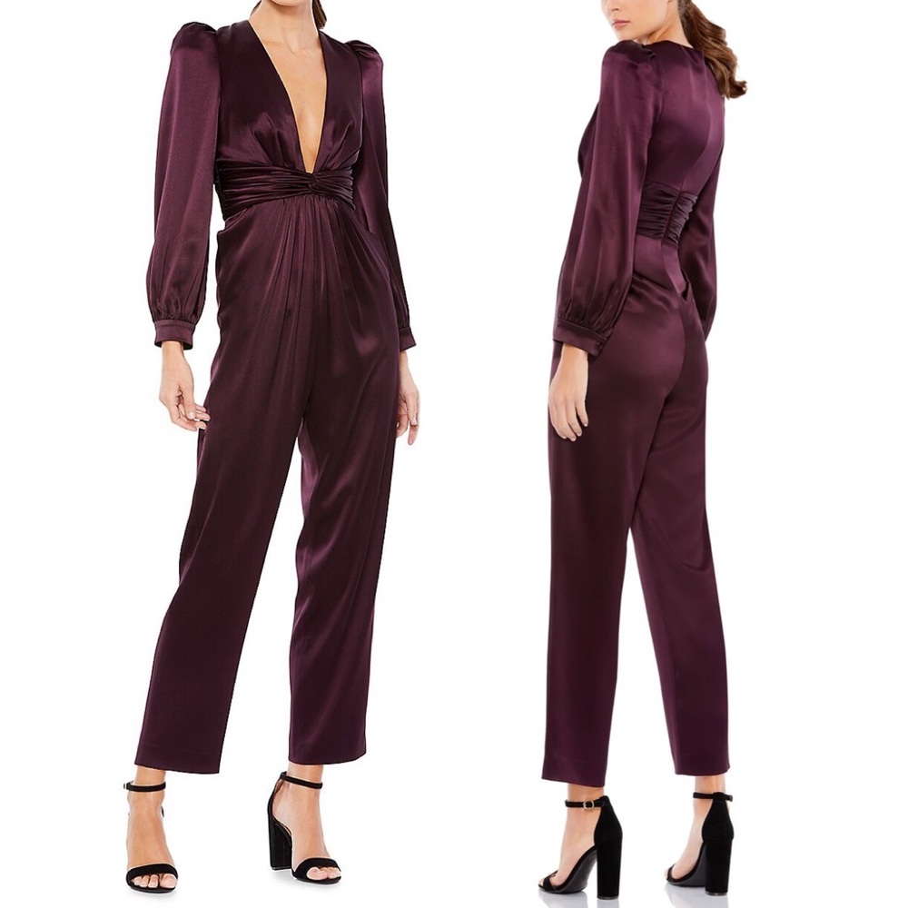 Ieena for Mac Duggal Plunge V-Neck Puff Long Sleeve Jumpsuit Size 8 Plum Purple